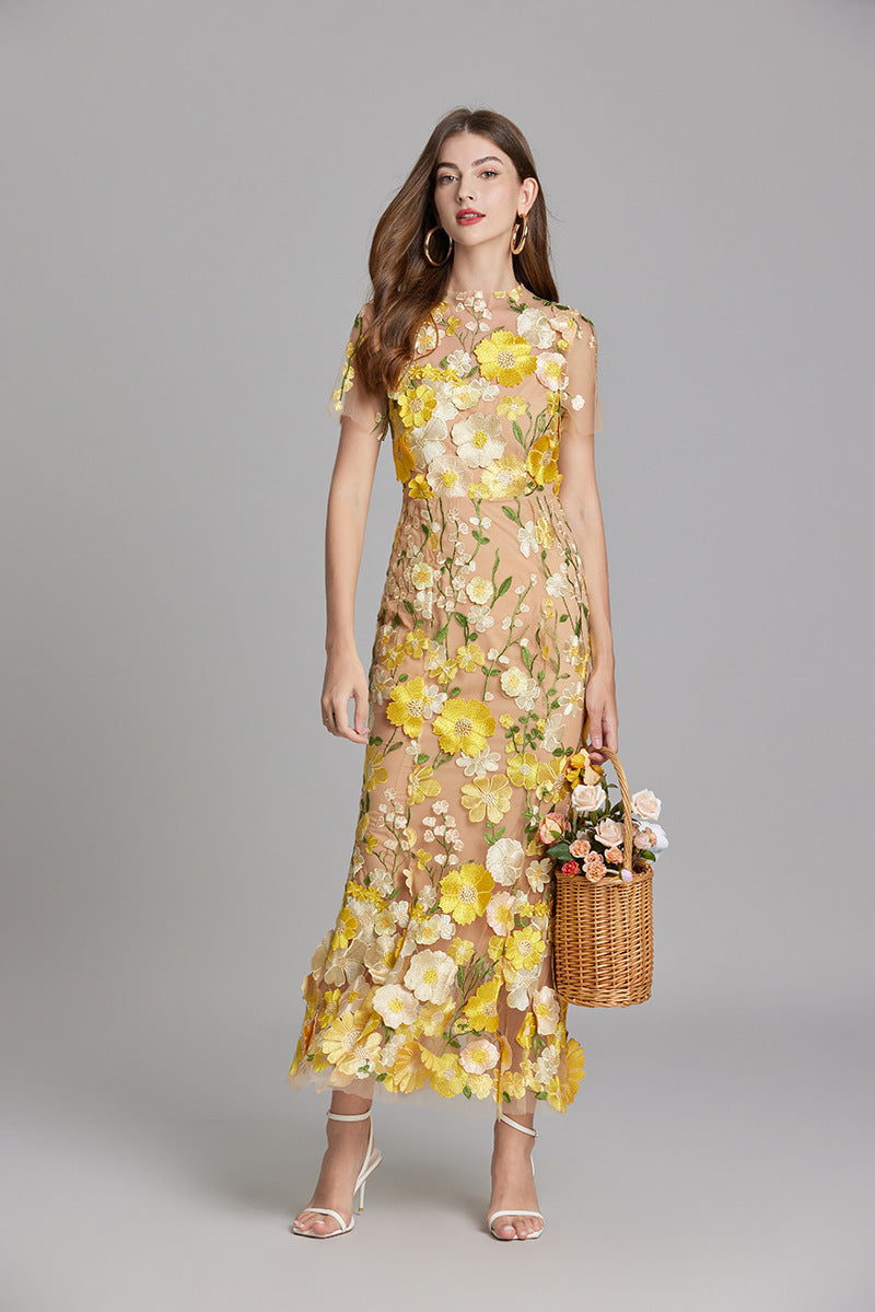Tulle Floral Evening Dress with 3D Appliques for Women