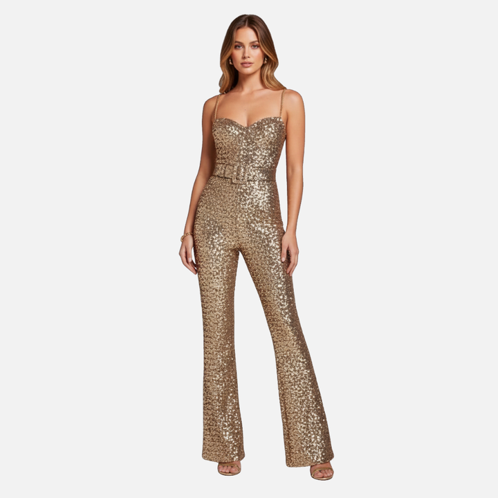 Sequin Jumpsuit with Flared Legs and Waist Belt for Women