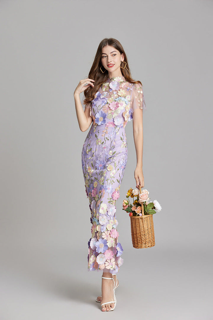 Tulle Floral Evening Dress with 3D Appliques for Women