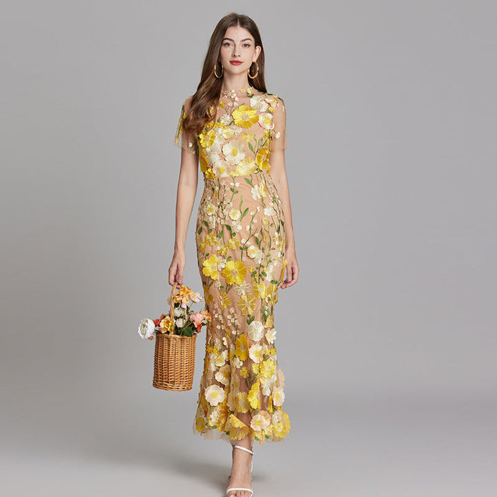 Tulle Floral Evening Dress with 3D Appliques for Women