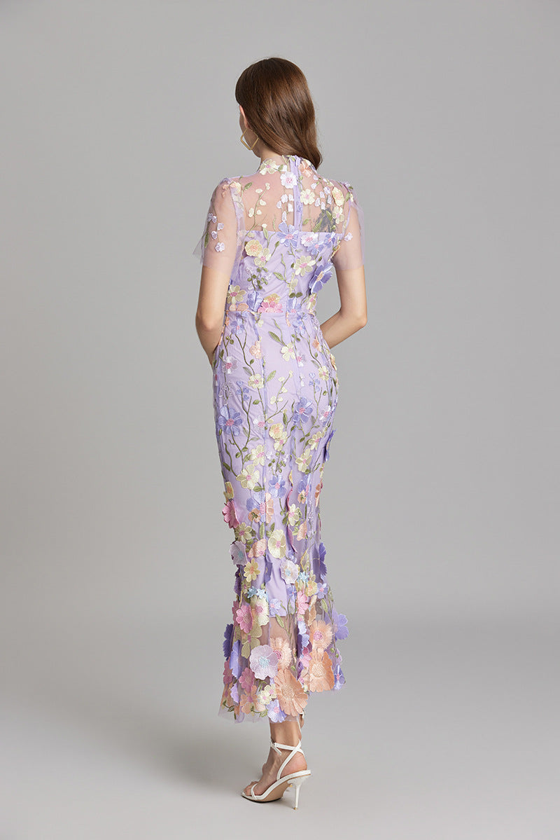 Tulle Floral Evening Dress with 3D Appliques for Women