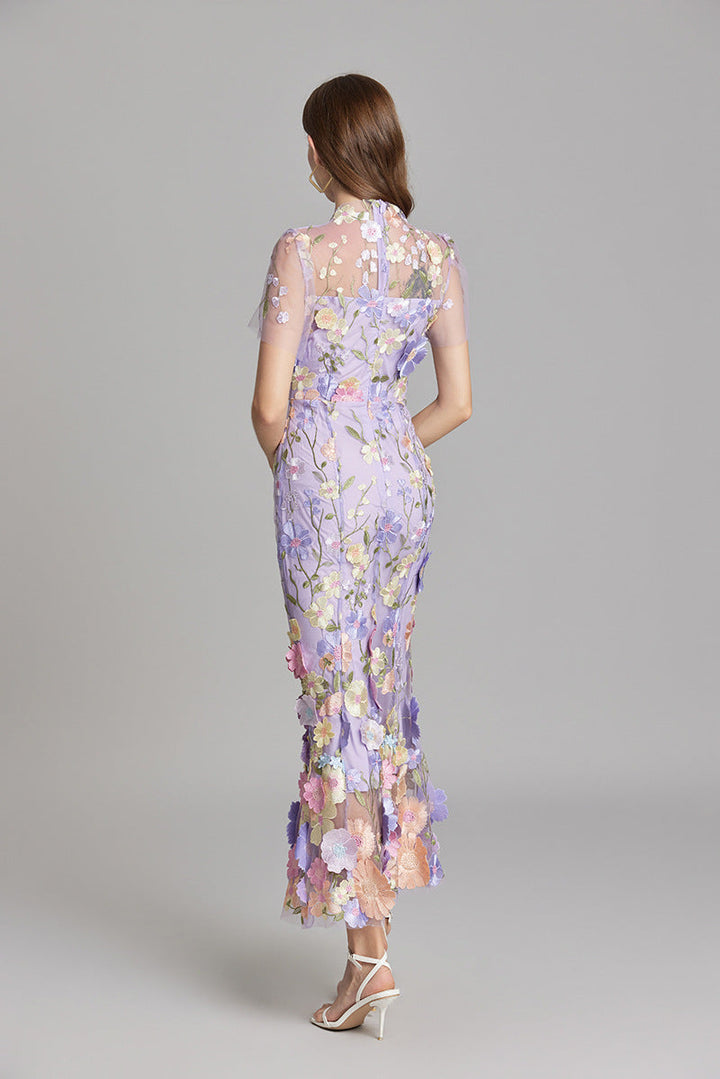 Tulle Floral Evening Dress with 3D Appliques for Women