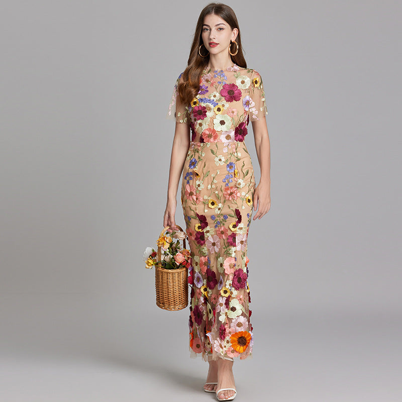 Tulle Floral Evening Dress with 3D Appliques for Women