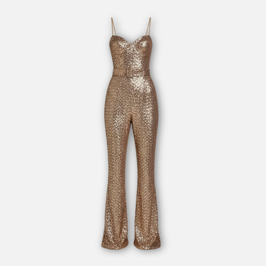 Sequin Jumpsuit with Flared Legs and Waist Belt for Women