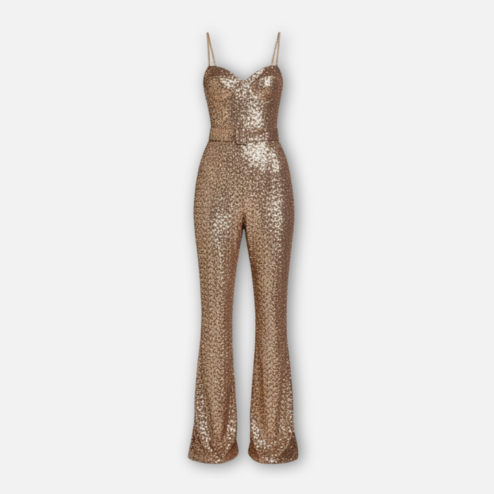 Sequin Jumpsuit with Flared Legs and Waist Belt for Women