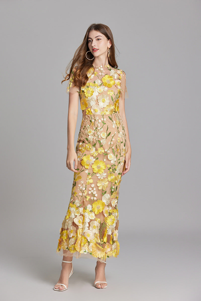 Tulle Floral Evening Dress with 3D Appliques for Women