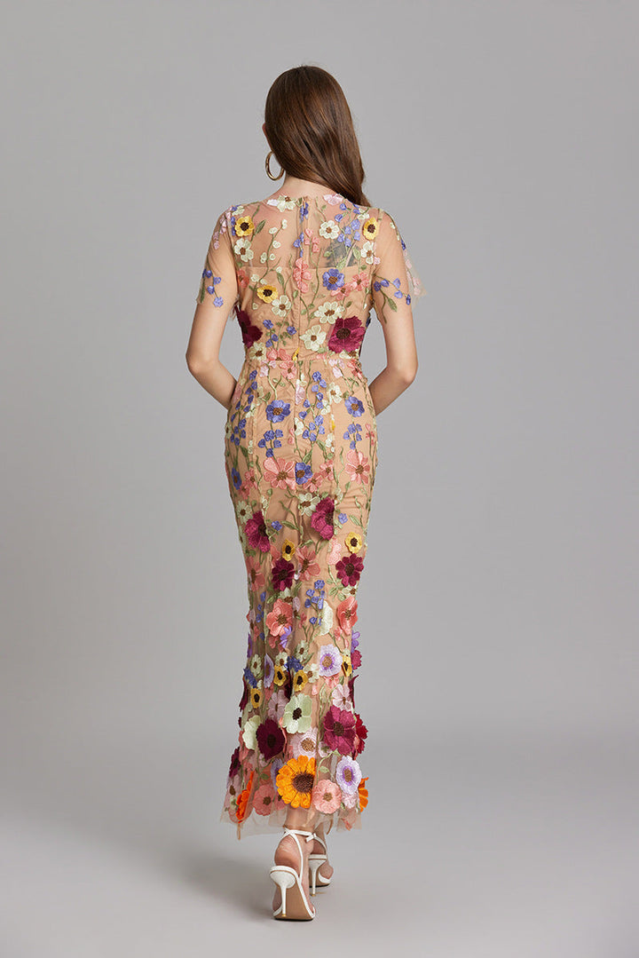 Tulle Floral Evening Dress with 3D Appliques for Women