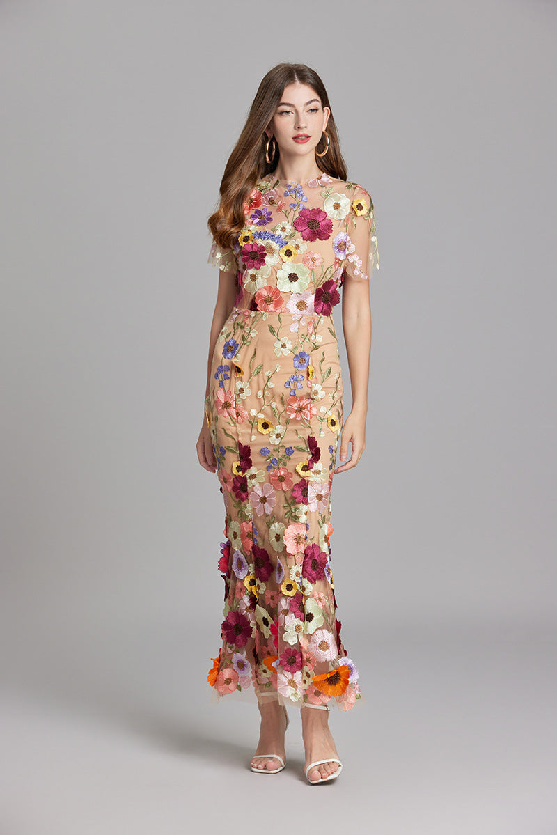 Tulle Floral Evening Dress with 3D Appliques for Women