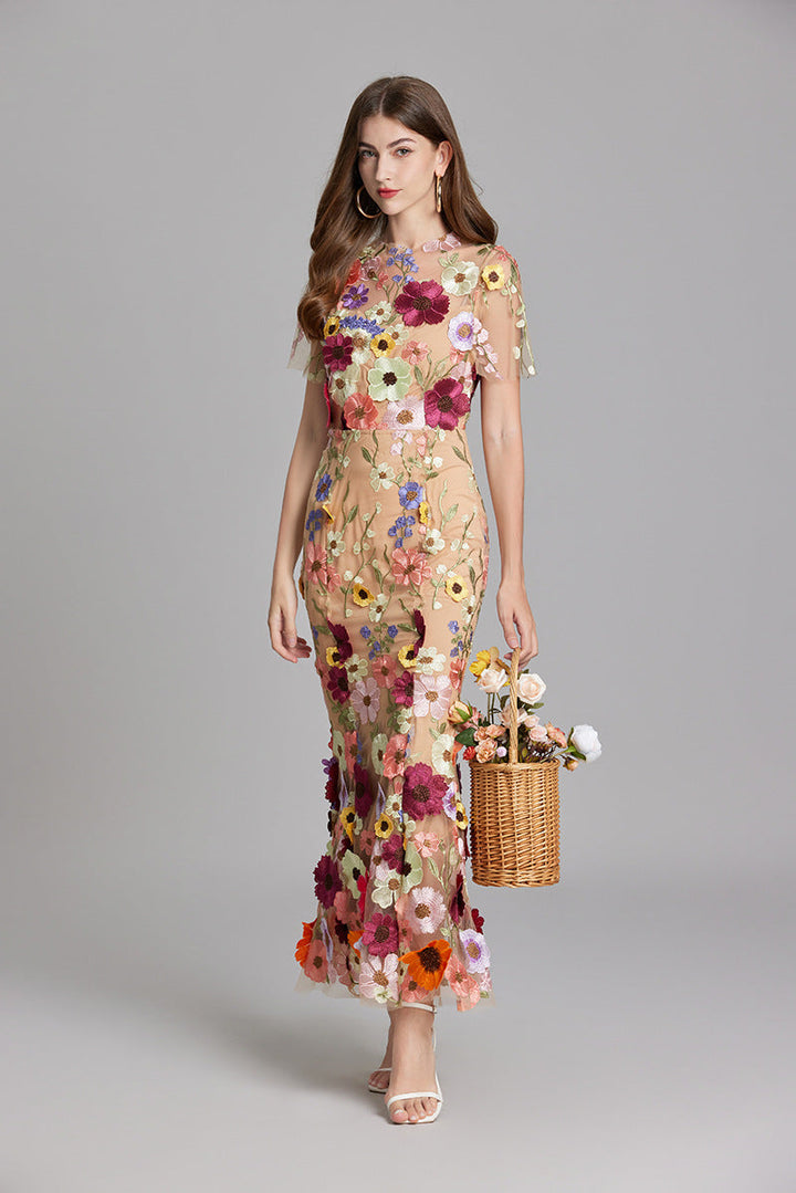 Tulle Floral Evening Dress with 3D Appliques for Women
