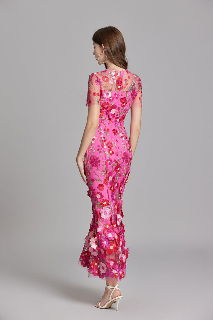Tulle Floral Evening Dress with 3D Appliques for Women