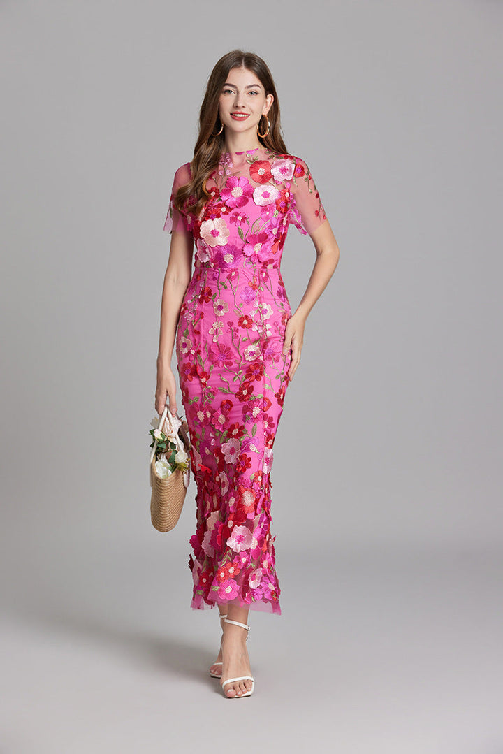 Tulle Floral Evening Dress with 3D Appliques for Women
