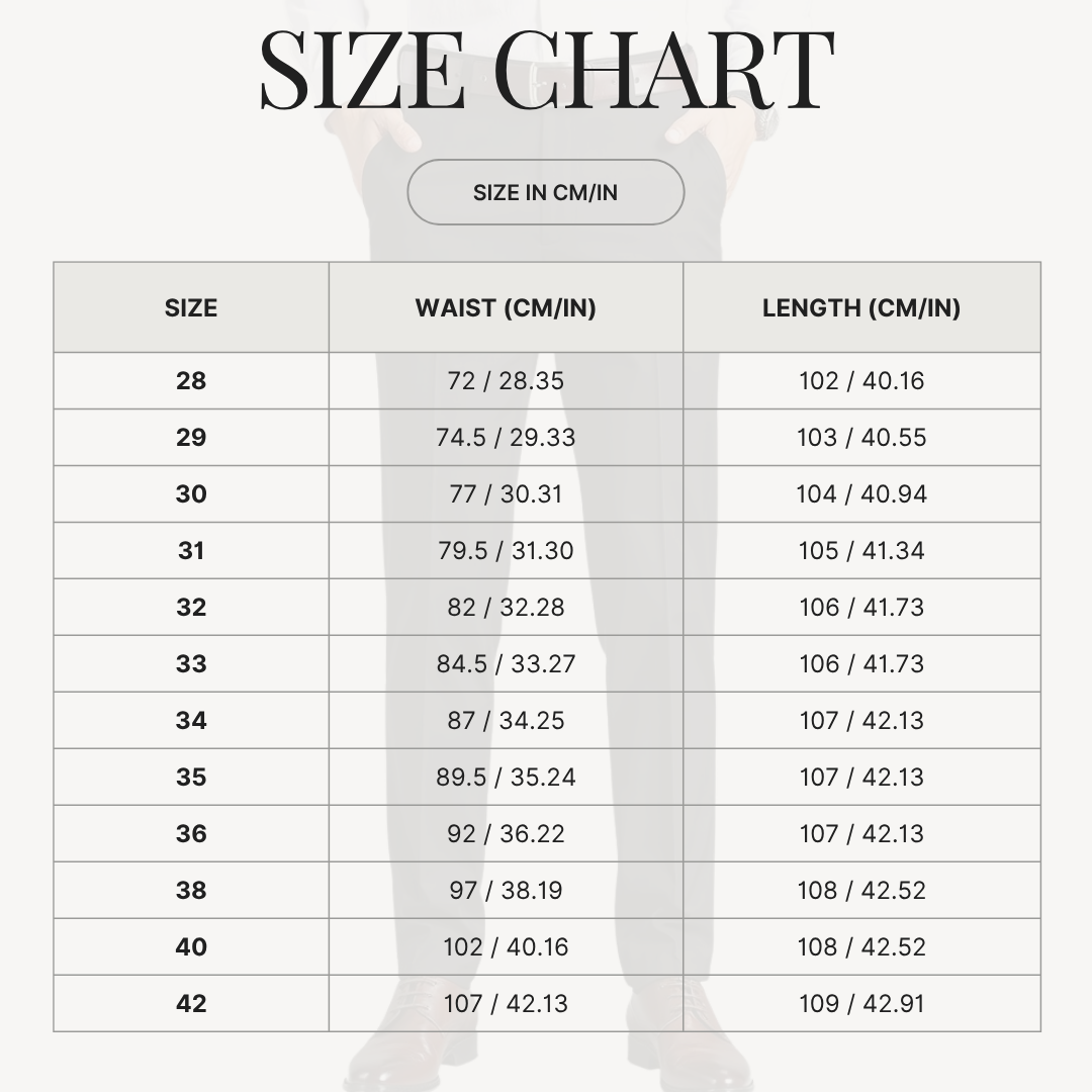 High Stretch Smart Casual Pants with Ankle-Length Cut for Men size chart