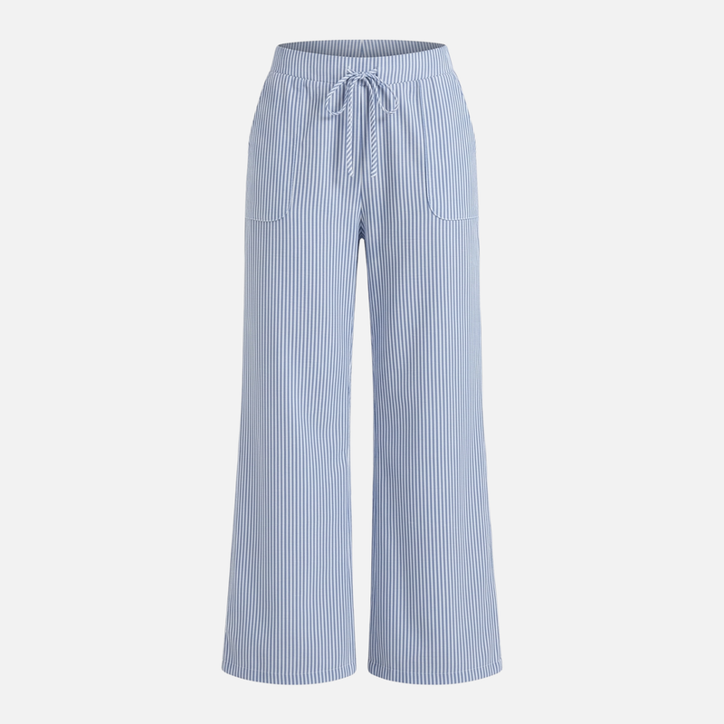 Airy Striped Wide-Leg Cotton Drawstring Pants for Women