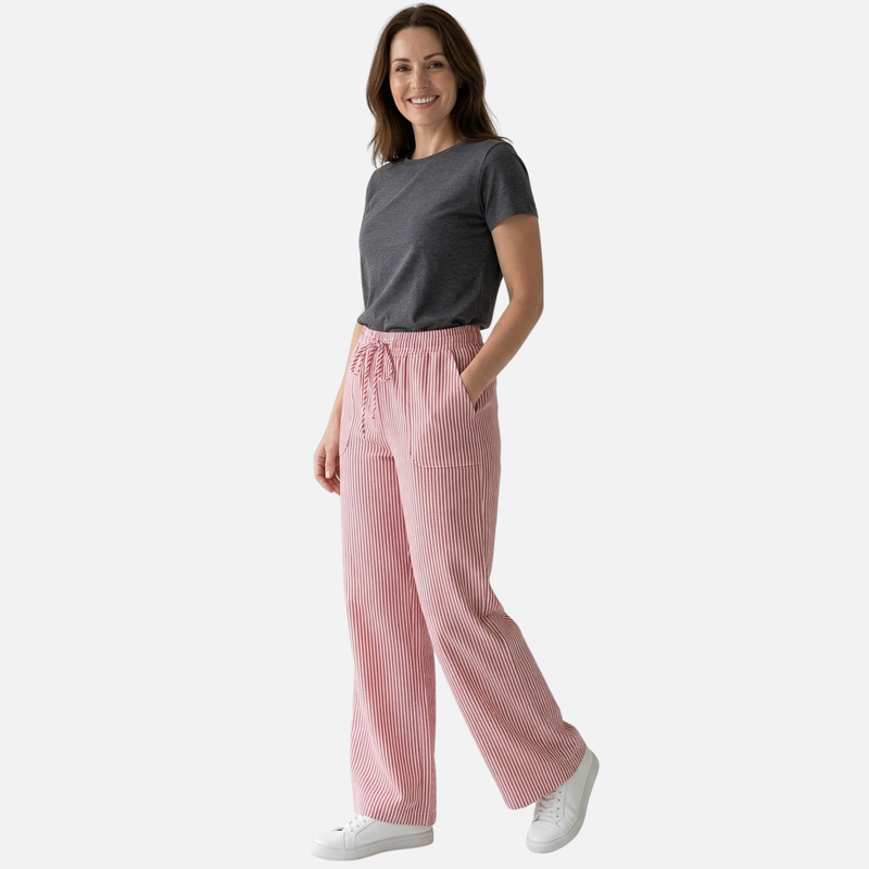 Airy Striped Wide-Leg Cotton Drawstring Pants for Women