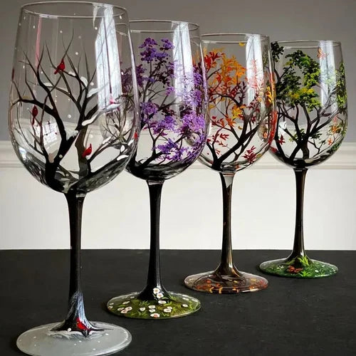 Artfully Painted Wine Glasses – Four Seasons Tree Design Set 4