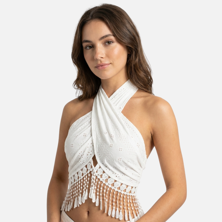 Boho Summer Knit Halter Top with Eyelet Detail for Women