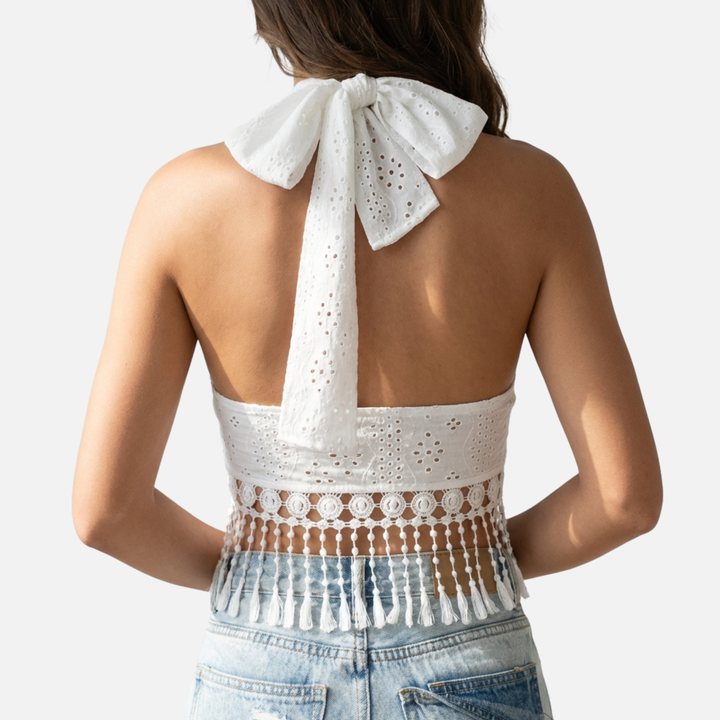 Boho Summer Knit Halter Top with Eyelet Detail for Women