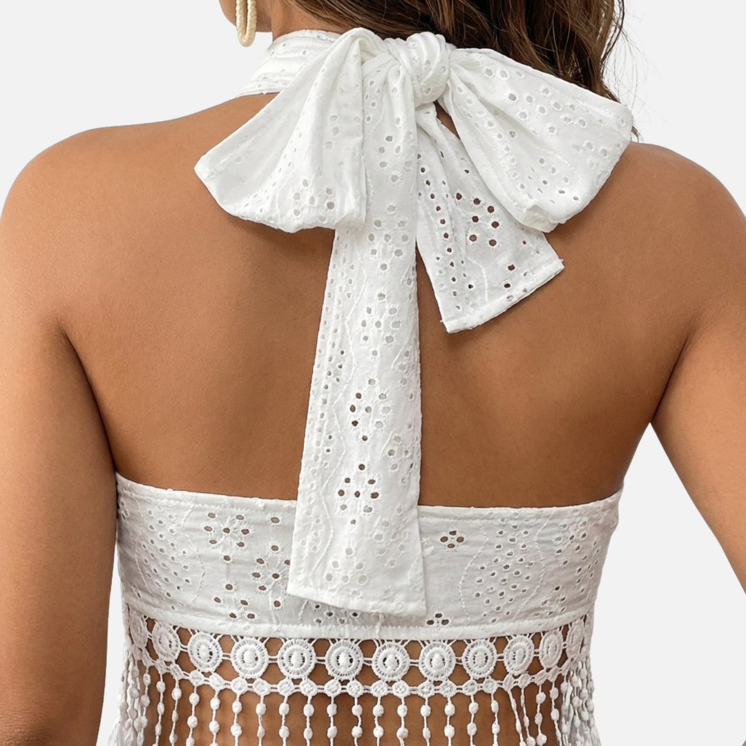 Boho Summer Knit Halter Top with Eyelet Detail for Women