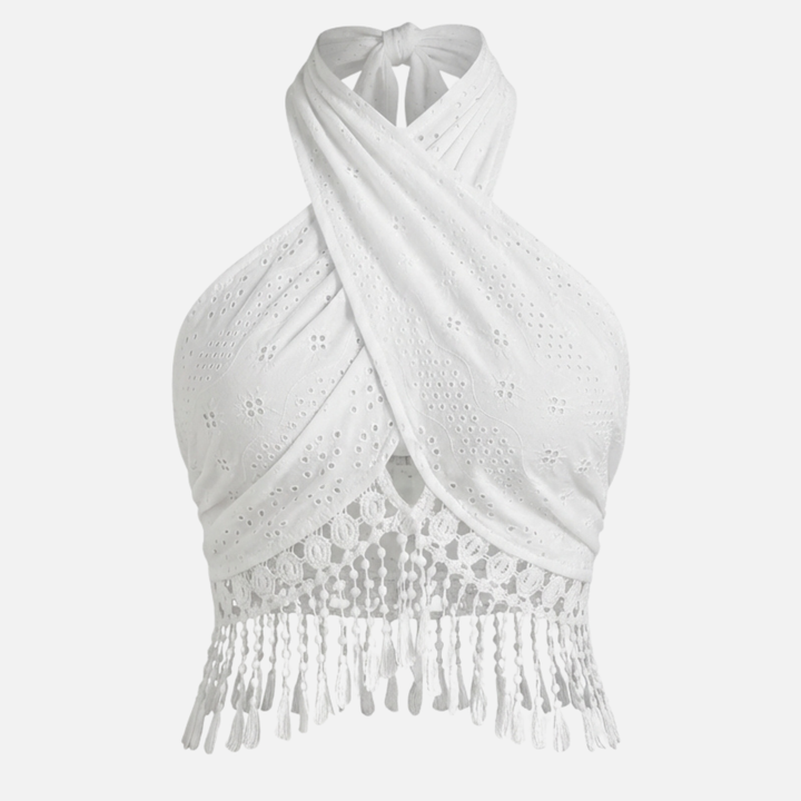Boho Summer Knit Halter Top with Eyelet Detail for Women