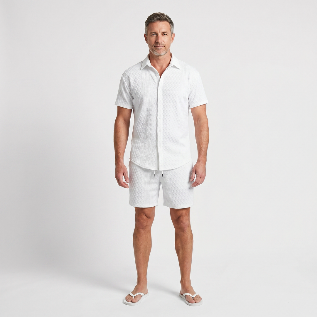 Casual Textured Knit Cruise Set with Drawstring Shorts for Men