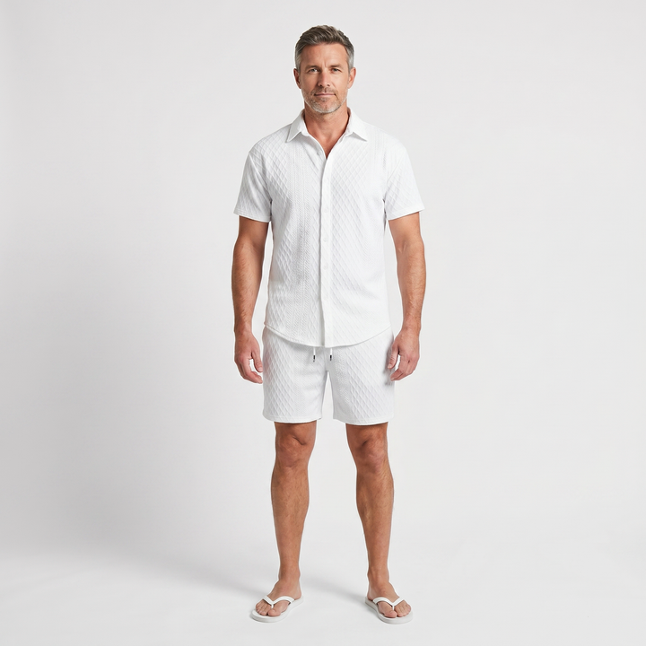 Casual Textured Knit Cruise Set with Drawstring Shorts for Men