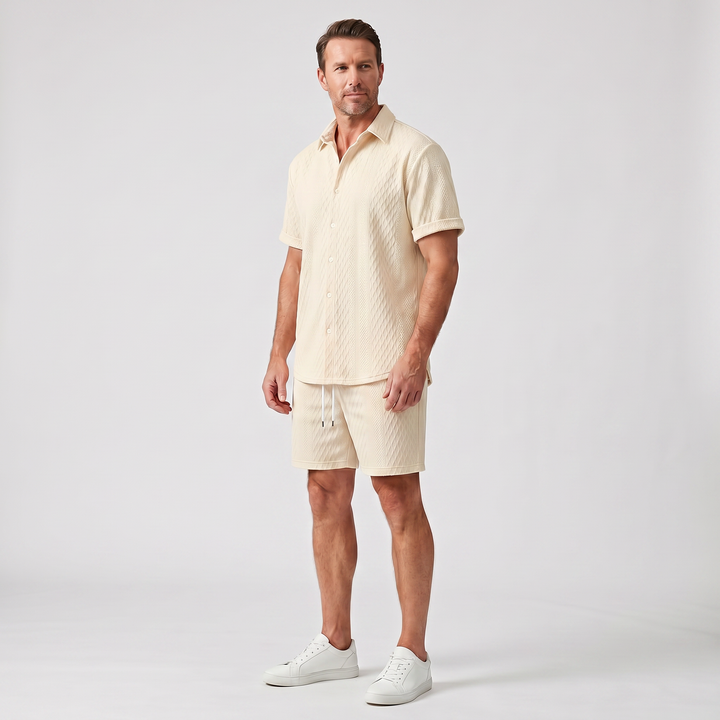 Casual Textured Knit Cruise Set with Drawstring Shorts for Men