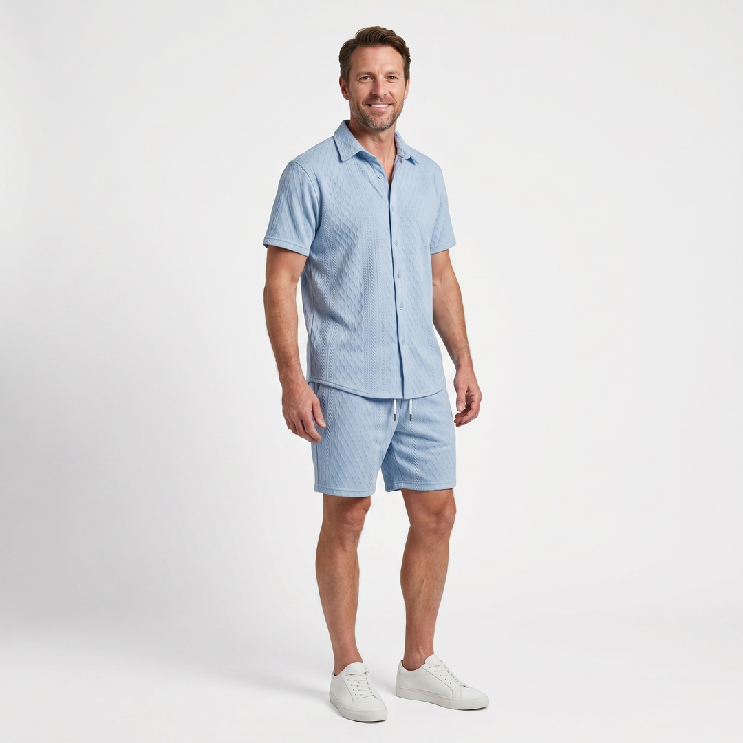 Casual Textured Knit Cruise Set with Drawstring Shorts for Men