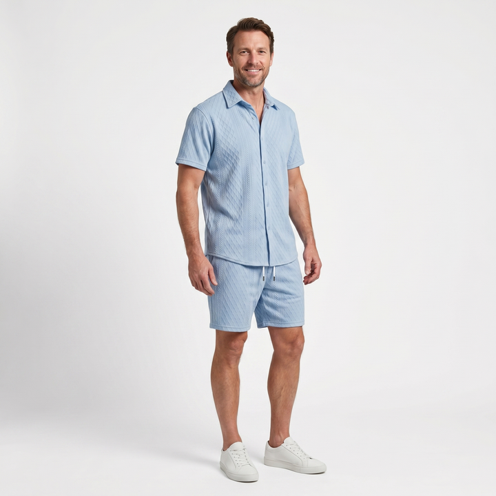 Casual Textured Knit Cruise Set with Drawstring Shorts for Men