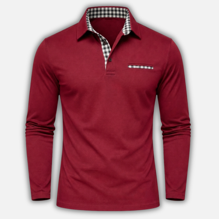 Checkered Collar Polo Shirt with Long Sleeves for Men