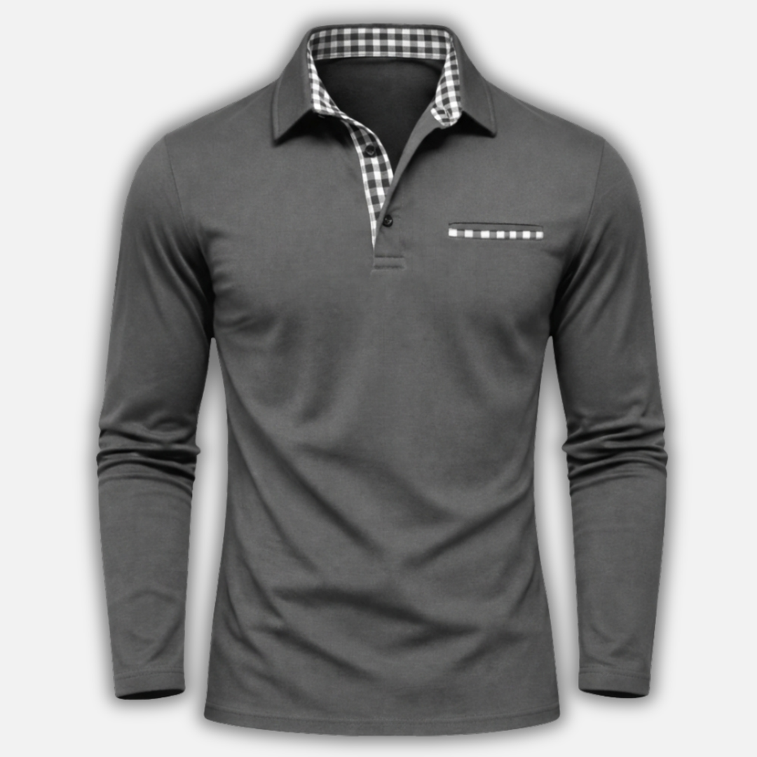 Checkered Collar Polo Shirt with Long Sleeves for Men