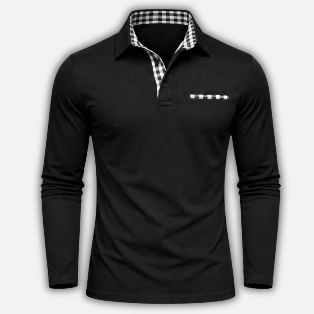 Checkered Collar Polo Shirt with Long Sleeves for Men