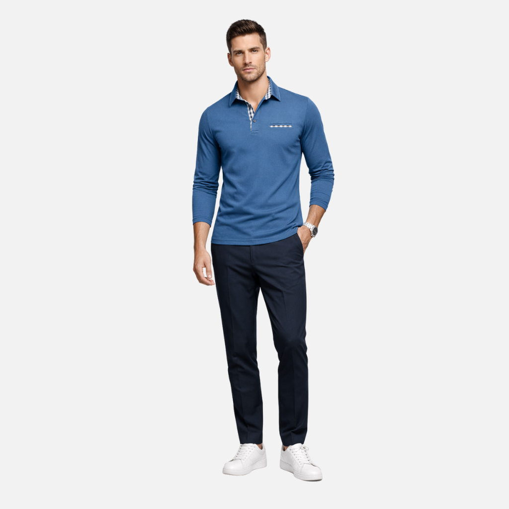 Checkered Collar Polo Shirt with Long Sleeves for Men
