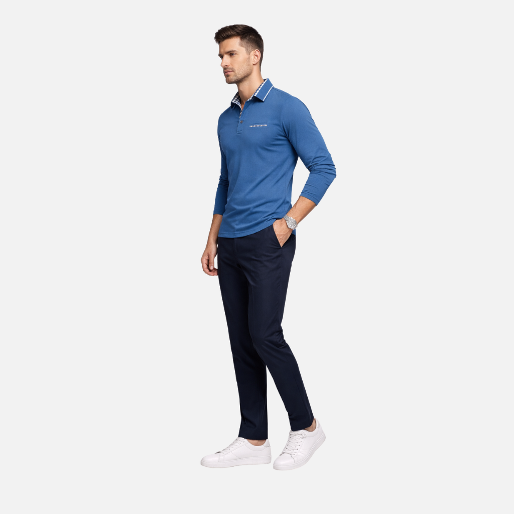 Checkered Collar Polo Shirt with Long Sleeves for Men