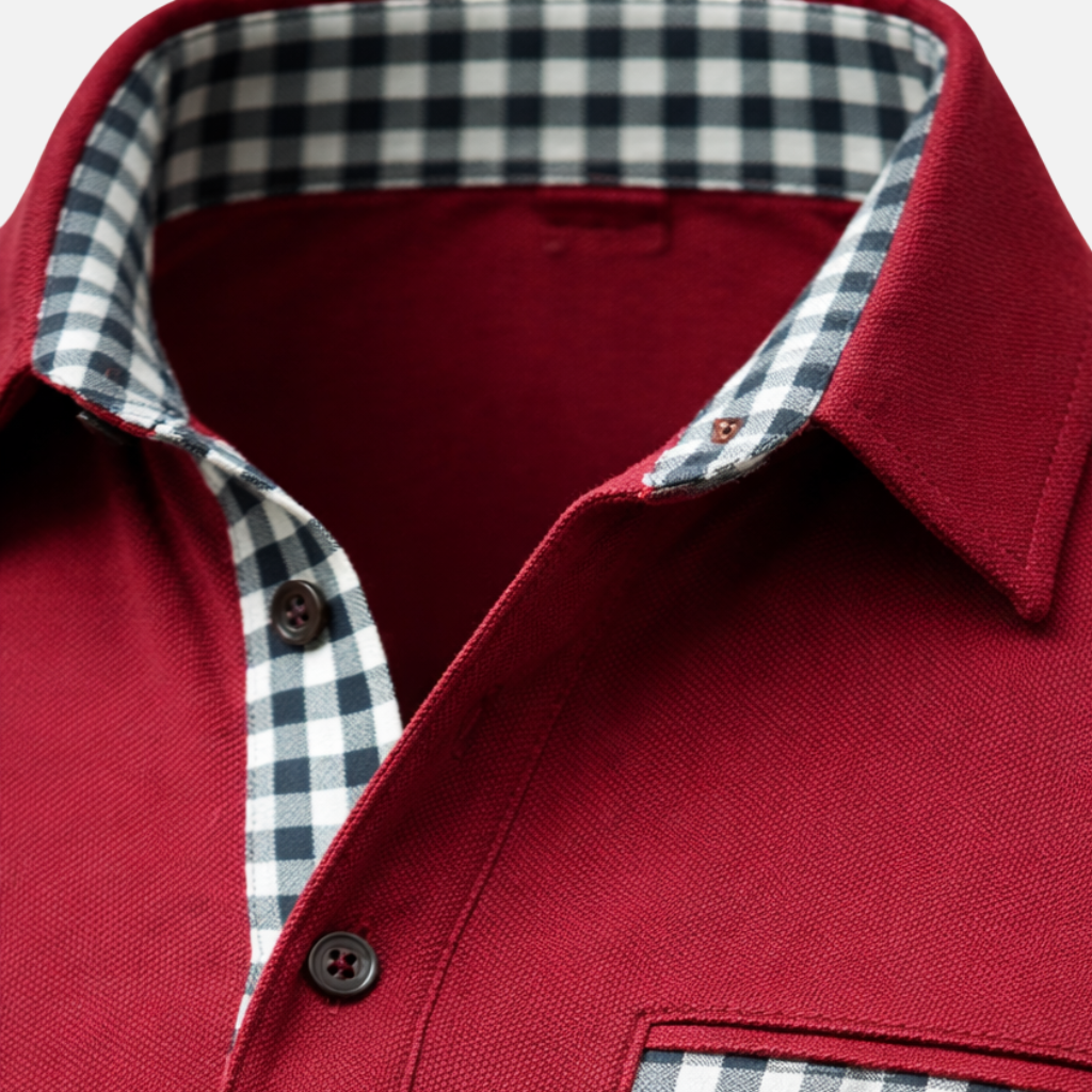 Checkered Collar Polo Shirt with Long Sleeves for Men