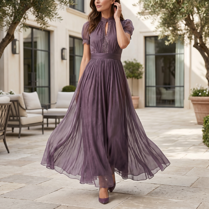 Chiffon Maxi Dress with Keyhole Ruffled Neckline for Women