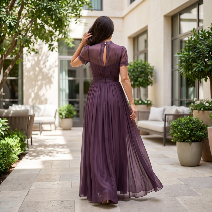 Chiffon Maxi Dress with Keyhole Ruffled Neckline for Women