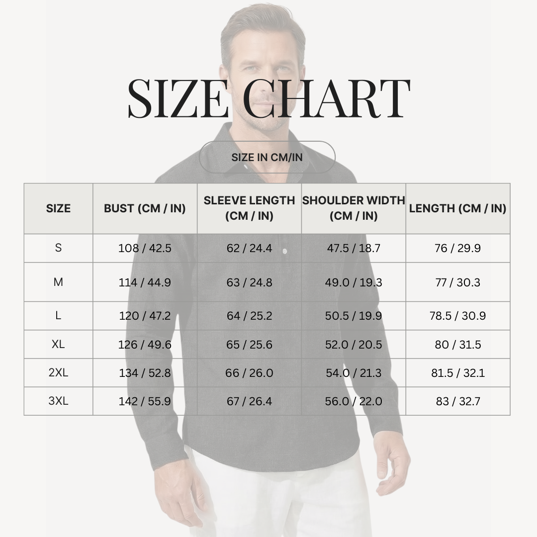 Lightweight Linen Blend Collared Summer Shirt for Men size chart