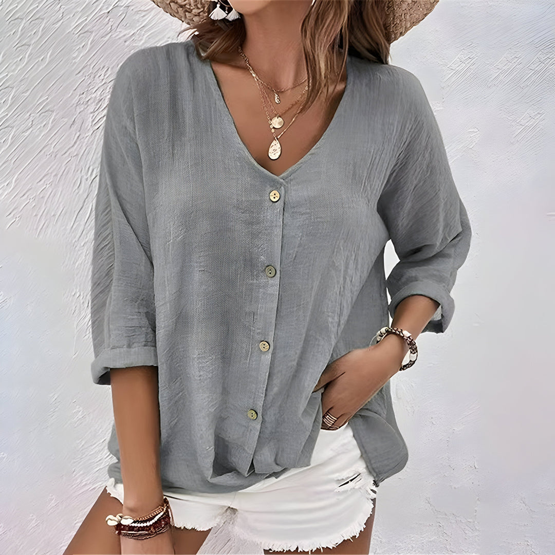 Crinkled_Cotton_Button_Up_Shirt_V_neck_3_4_Sleeve_for_Women_4