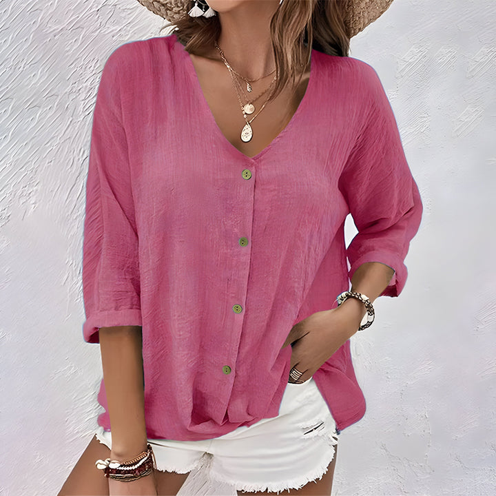 Crinkled_Cotton_Button_Up_Shirt_V_neck_3_4_Sleeve_for_Women_5
