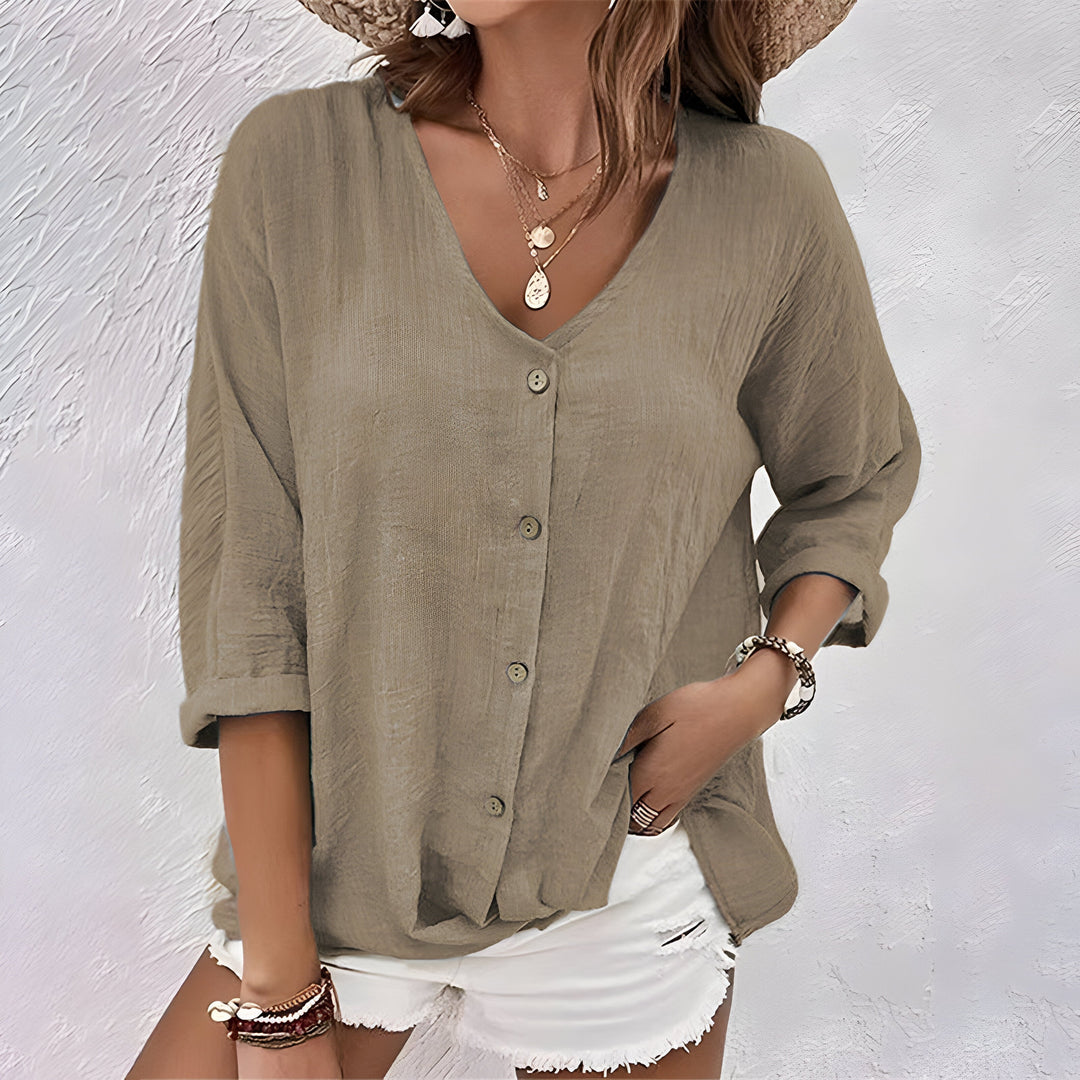 Crinkled_Cotton_Button_Up_Shirt_V_neck_3_4_Sleeve_for_Women_7