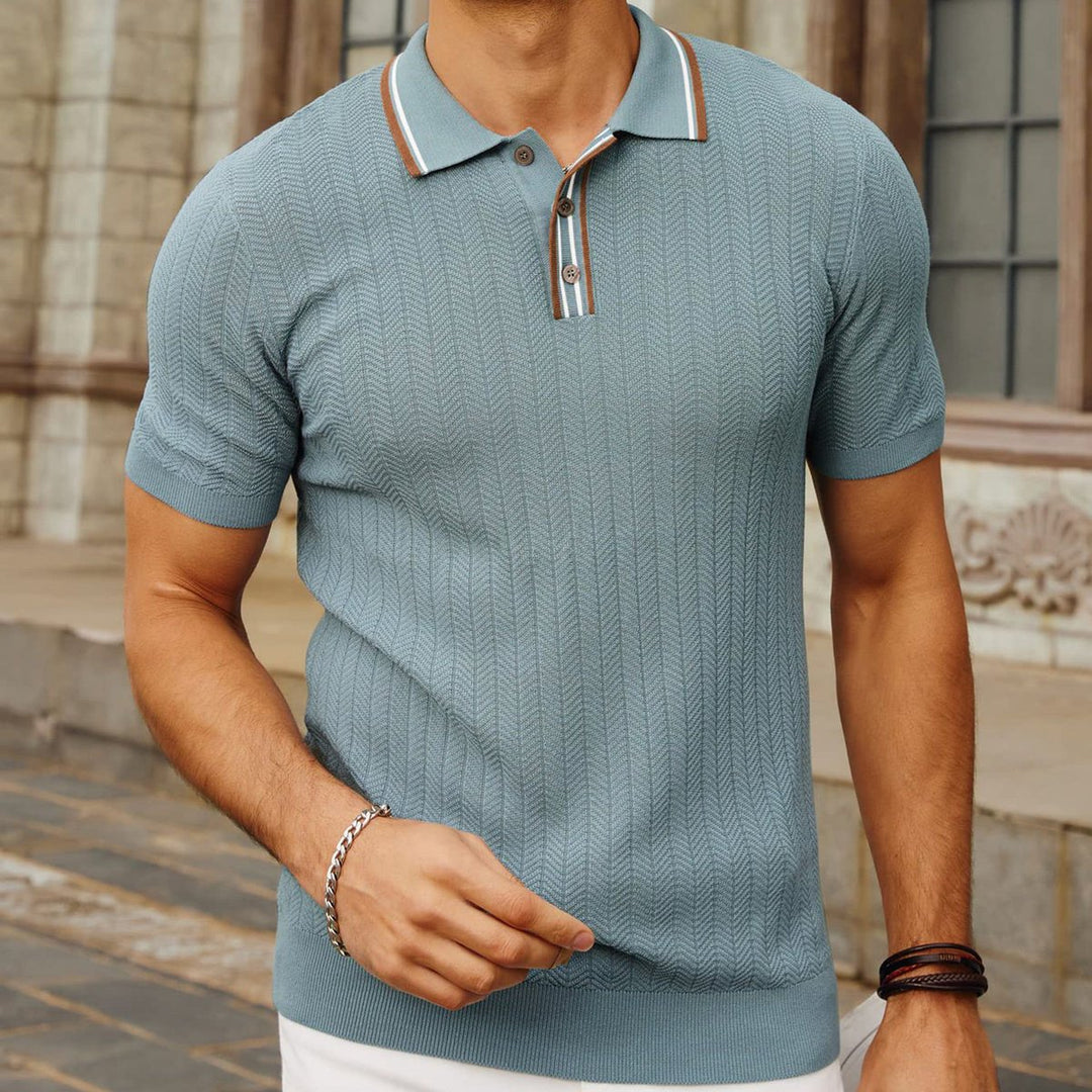 Tipped Knit Polo Shirt with Herringbone Pattern for Men