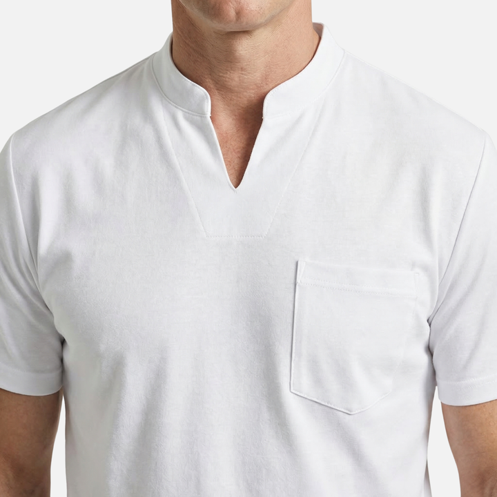 Mandarin Collar V-Neck T-Shirt with Chest Pocket for Men