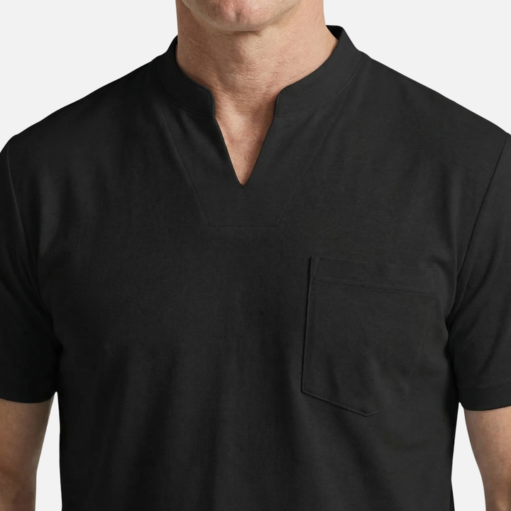 Mandarin Collar V-Neck T-Shirt with Chest Pocket for Men