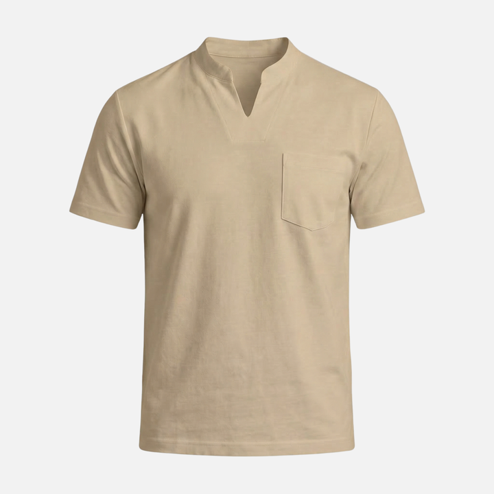Mandarin Collar V-Neck T-Shirt with Chest Pocket for Men