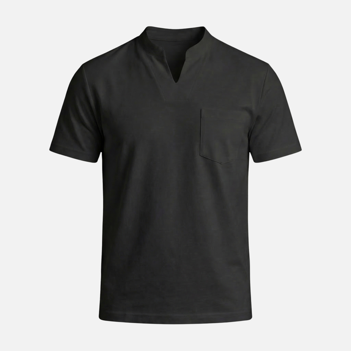 Mandarin Collar V-Neck T-Shirt with Chest Pocket for Men