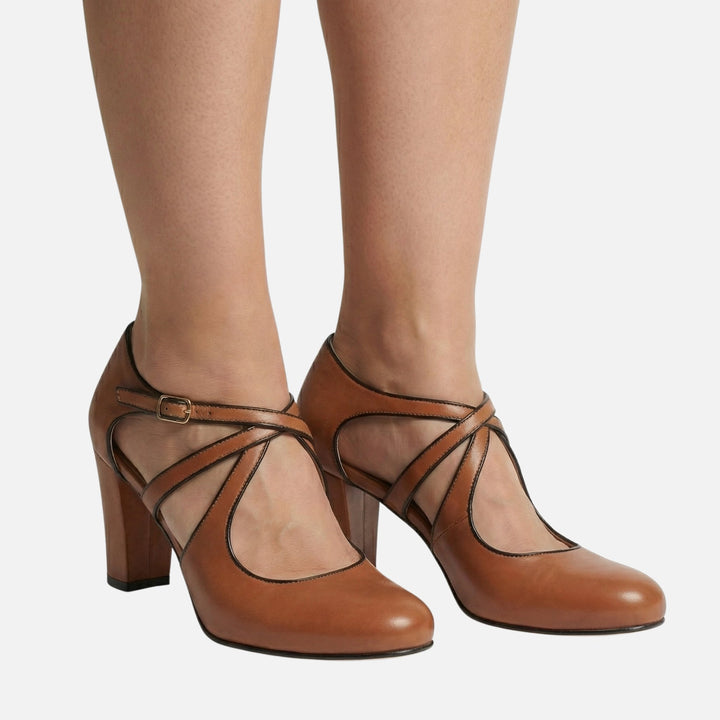 Faux Leather Crisscross Strap Block Heel Pumps for Women