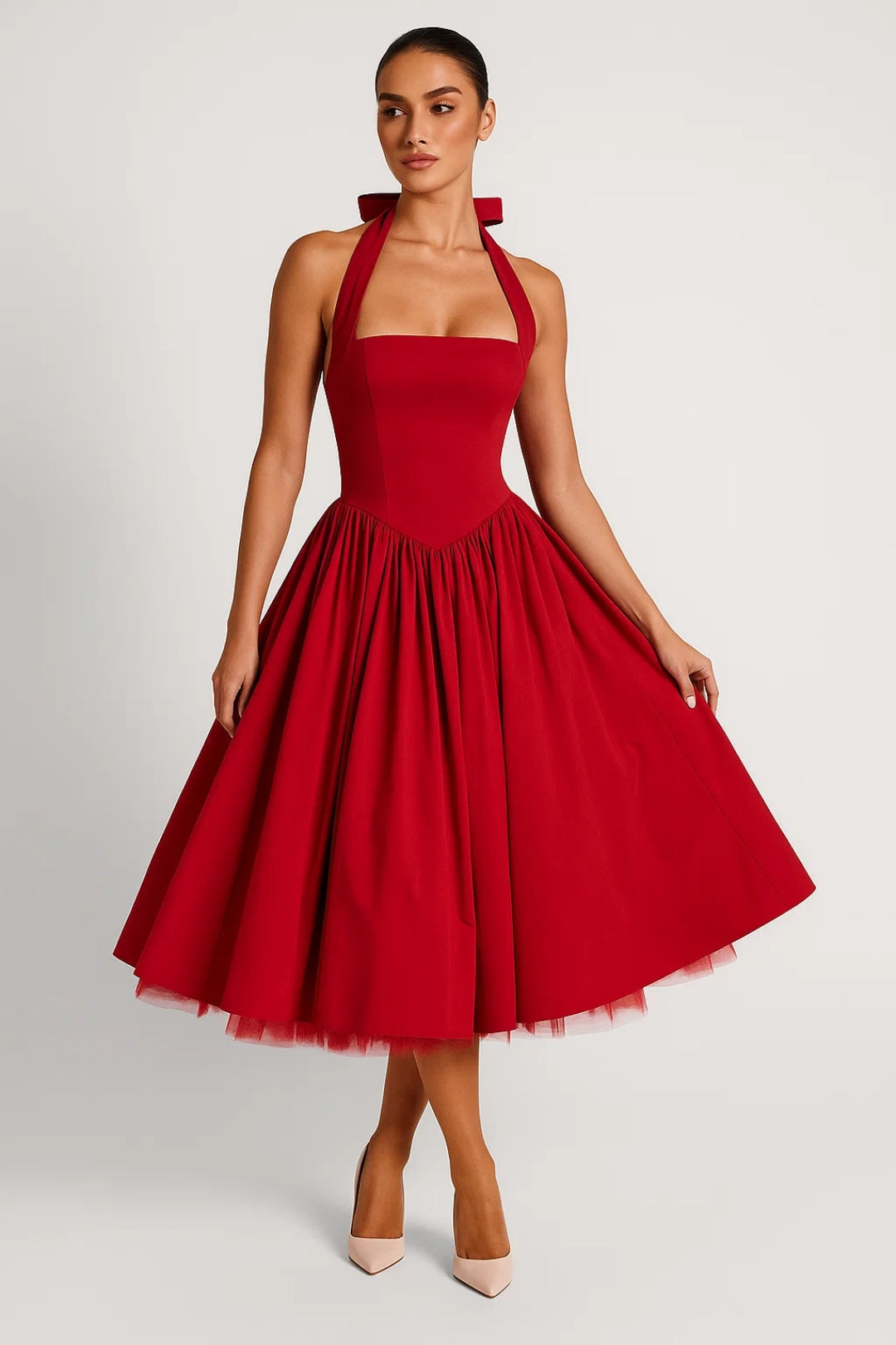 Flare_Mid_Length_Halter_Dress_Stretch_for_Women_5
