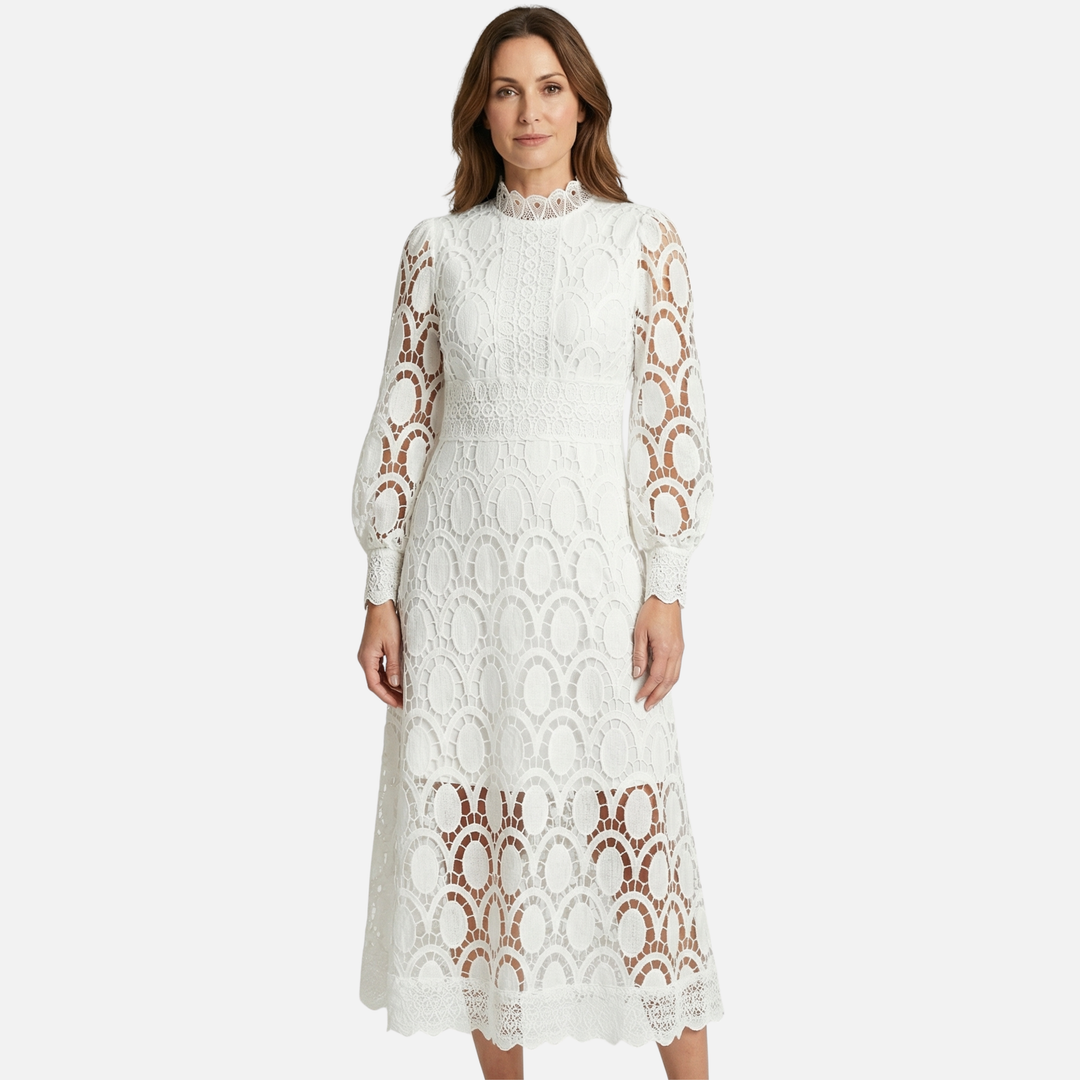 Floral Lace High Neck Midi Dress with Puff Sleeves for Women