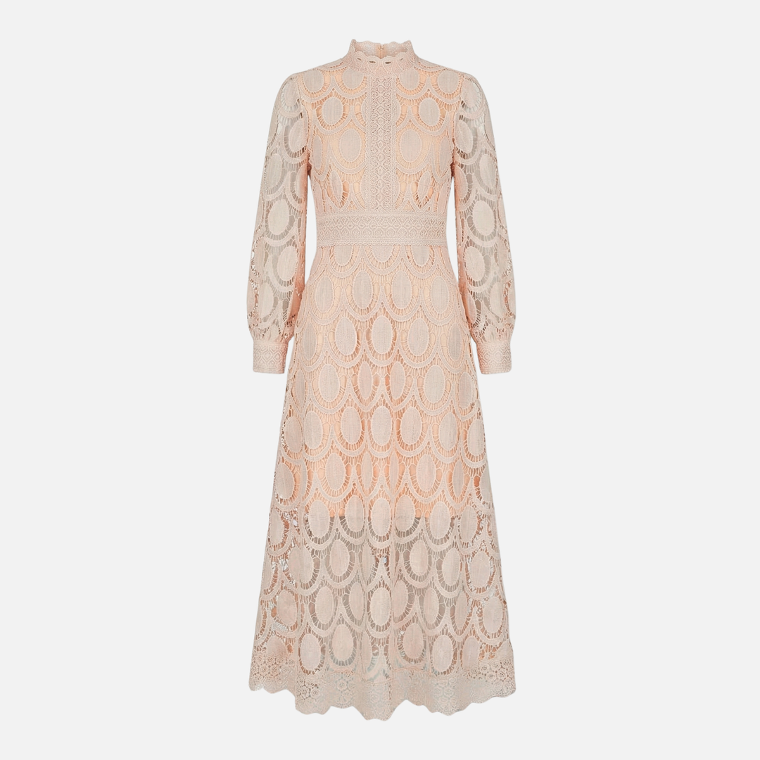Floral Lace High Neck Midi Dress with Puff Sleeves for Women