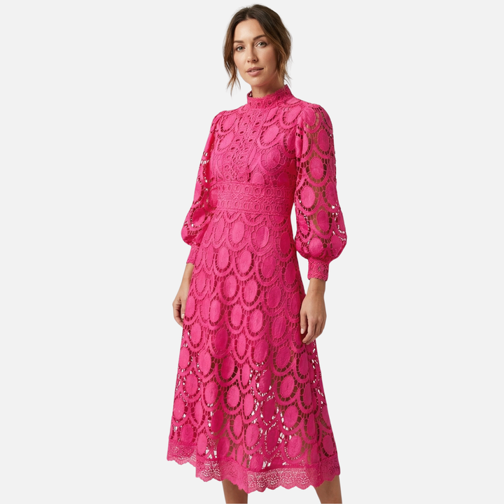 Floral Lace High Neck Midi Dress with Puff Sleeves for Women